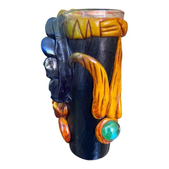 Aztec Mexican shot glass 3 oz clay stones Tribal man - Picture 12 of 13